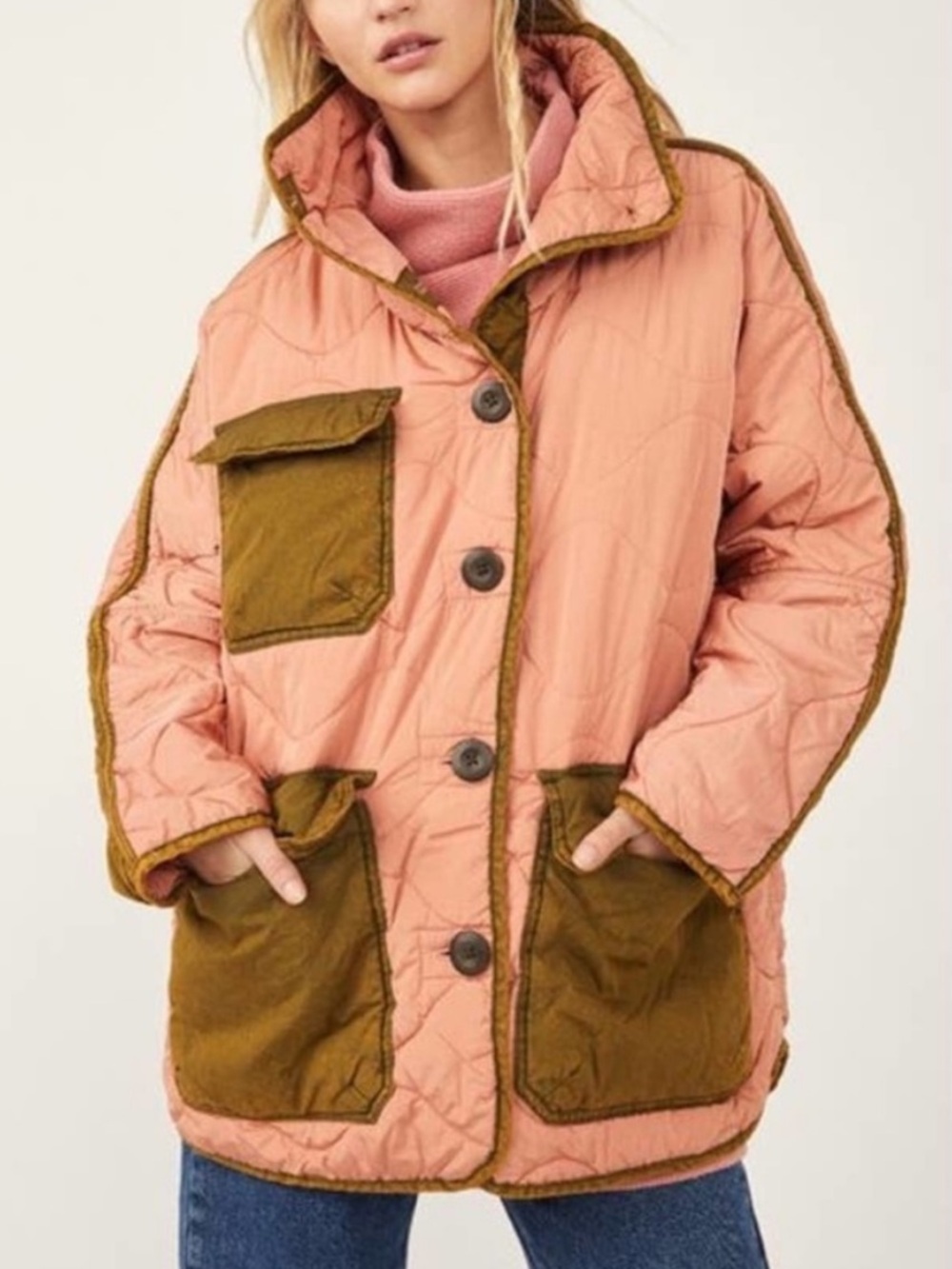 Free People Puffa Mixed Military Dolman Jacket Size Medium Rose Combo Boho